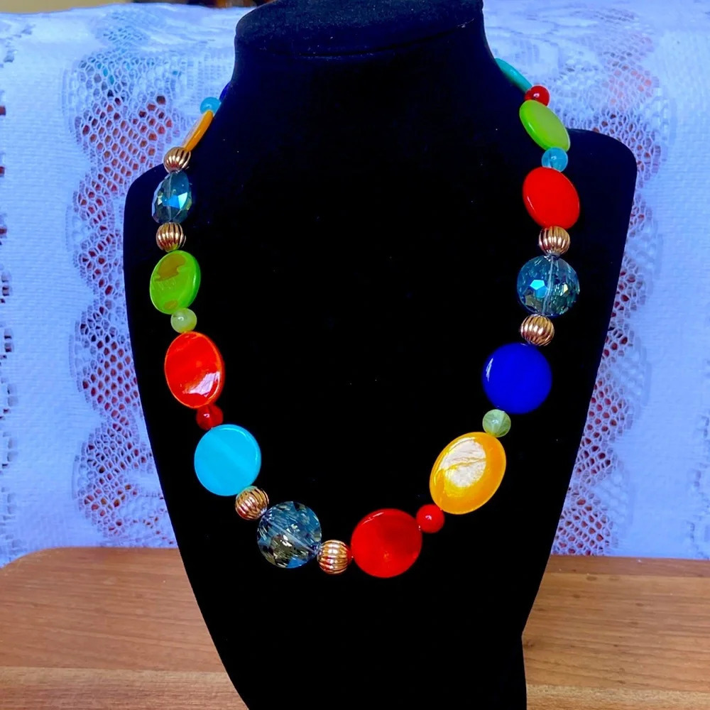 Multicolored statement necklace with matching yellow earrings